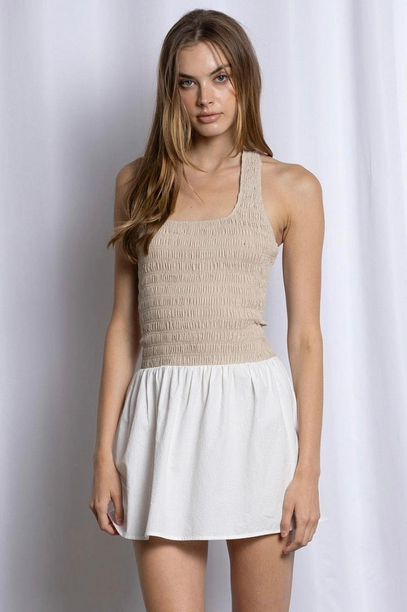 SMOCKED HALTER MINI DRESS