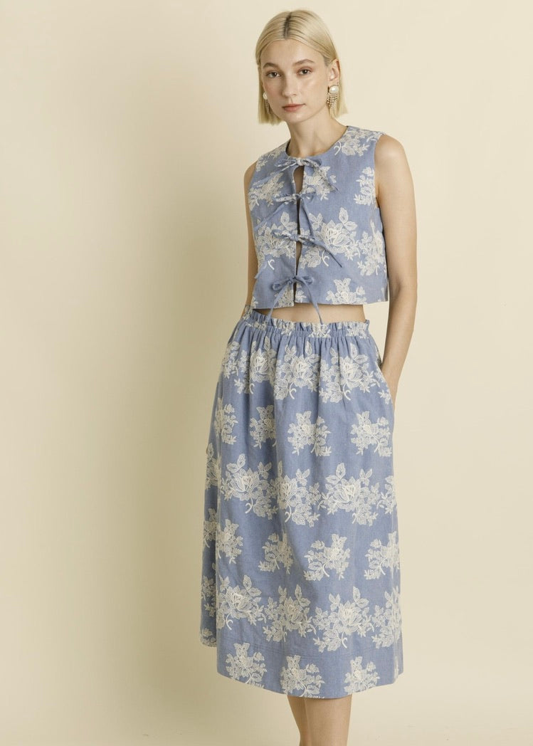 FLORAL DENIM MIDI SKIRT