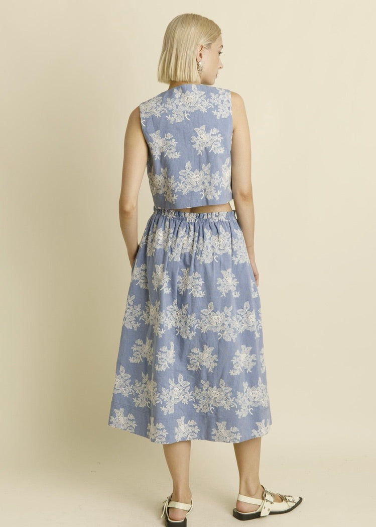 FLORAL DENIM MIDI SKIRT